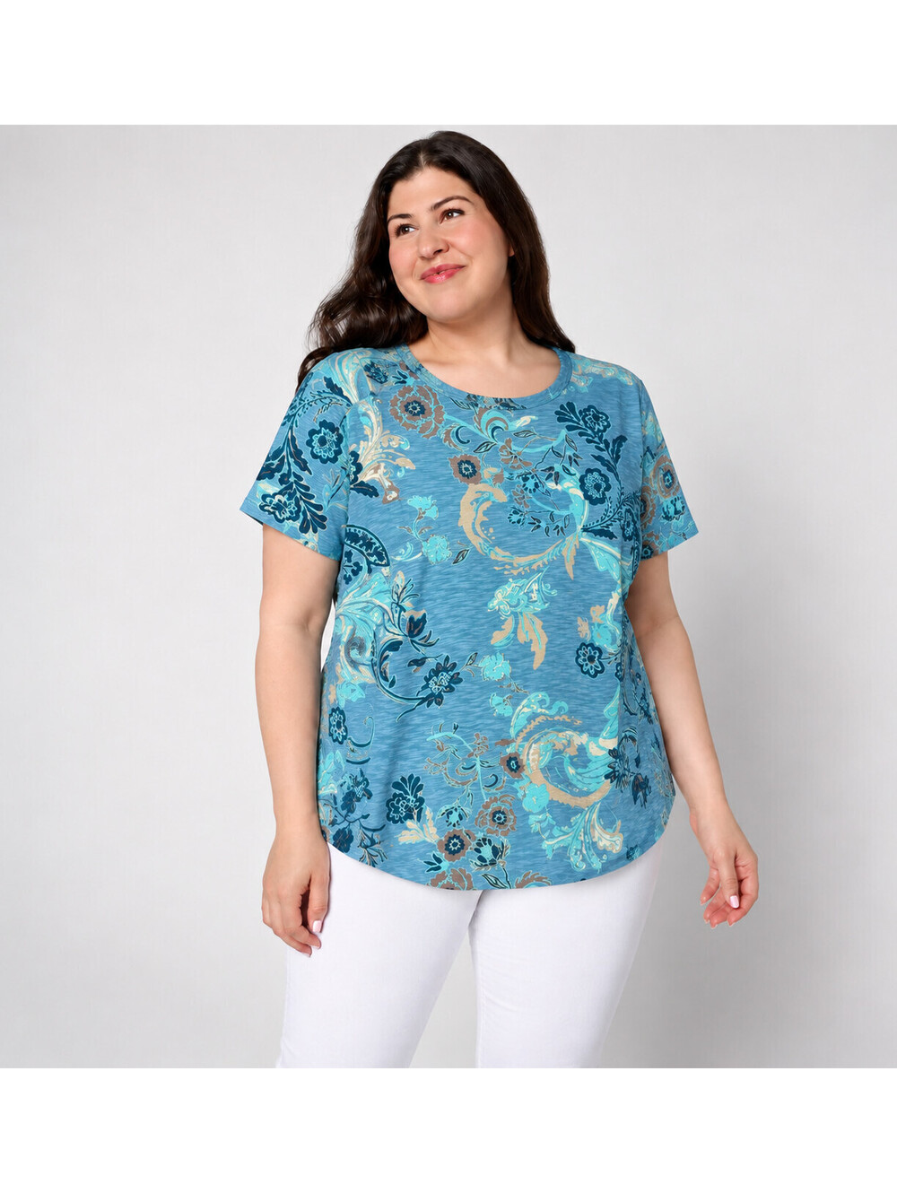 Denim & Co. Printed Textured Knit Short Sleeve Crew Neck Top Teal Bayou, Size 5X